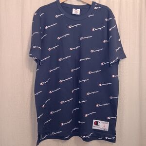 CHAMPION Blue All Over Print Champion Logo T-Shirt Mens SZ L